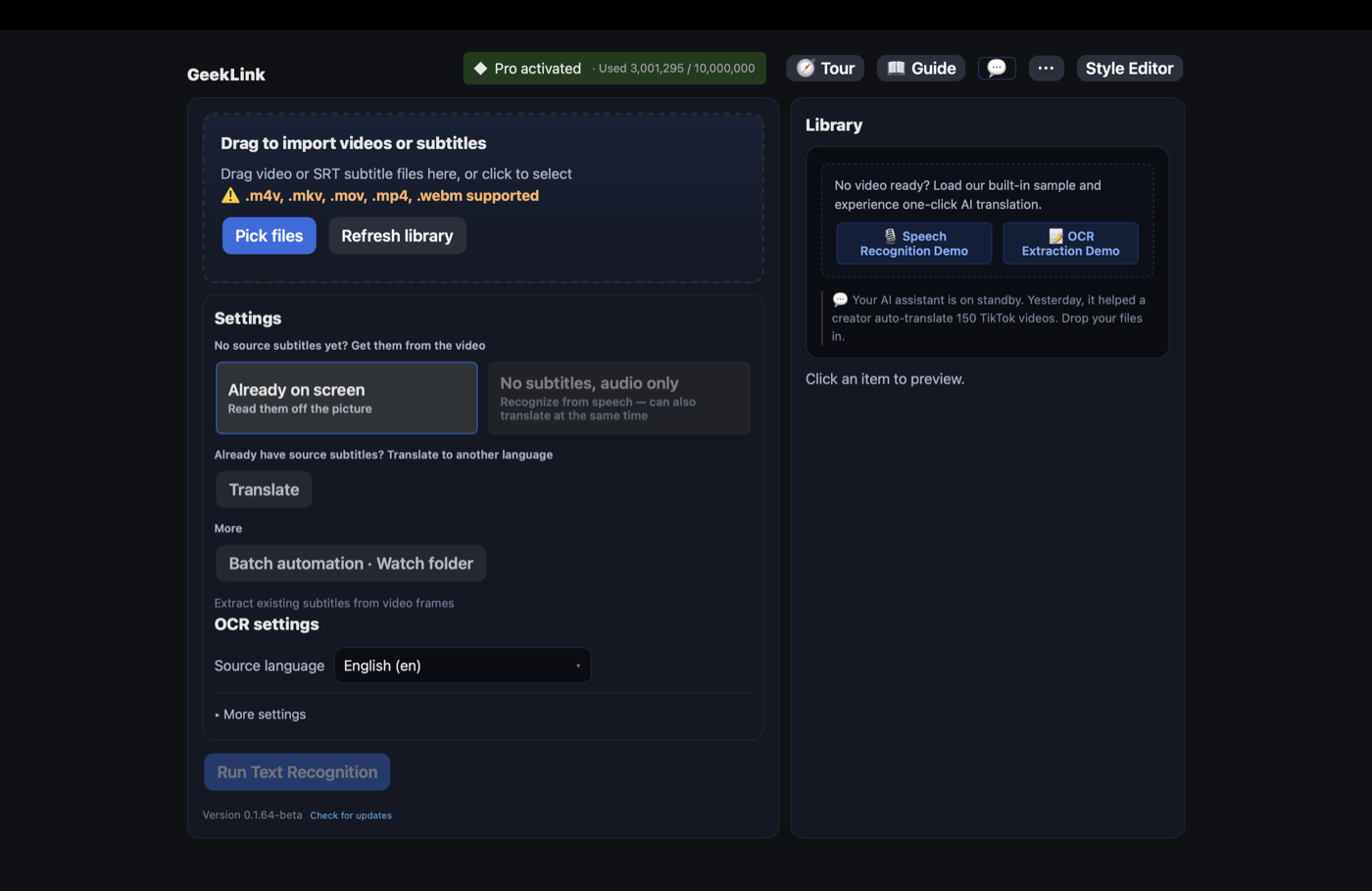 GeekLink main interface — import a video, then pick what to do based on what you have