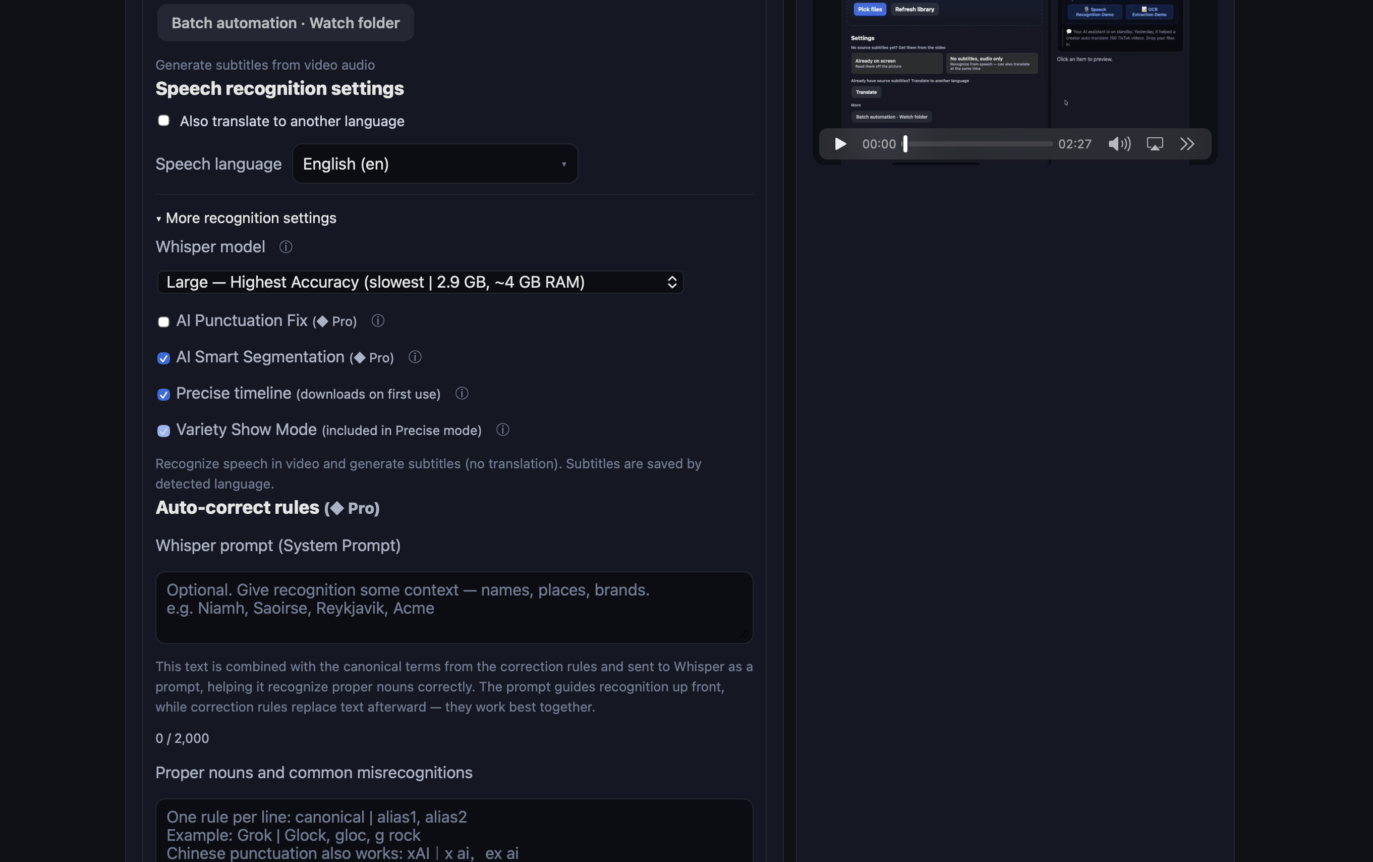 GeekLink 语音识别设置面板，选中 Whisper Large 模型，AI Smart Segmentation 和 Precise timeline 均已勾选