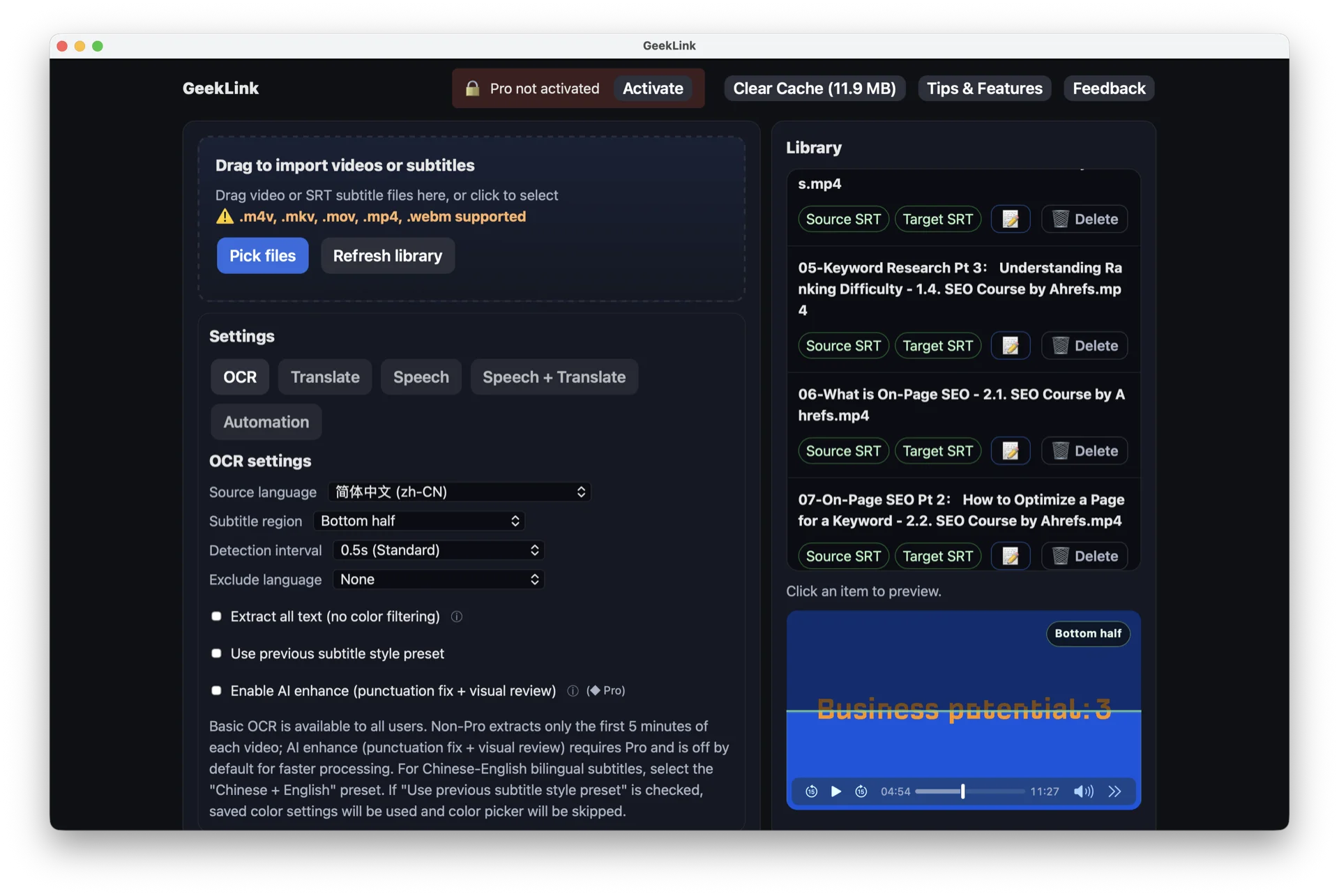 GeekLink AI Subtitle Factory — Dashboard with OCR settings and video library