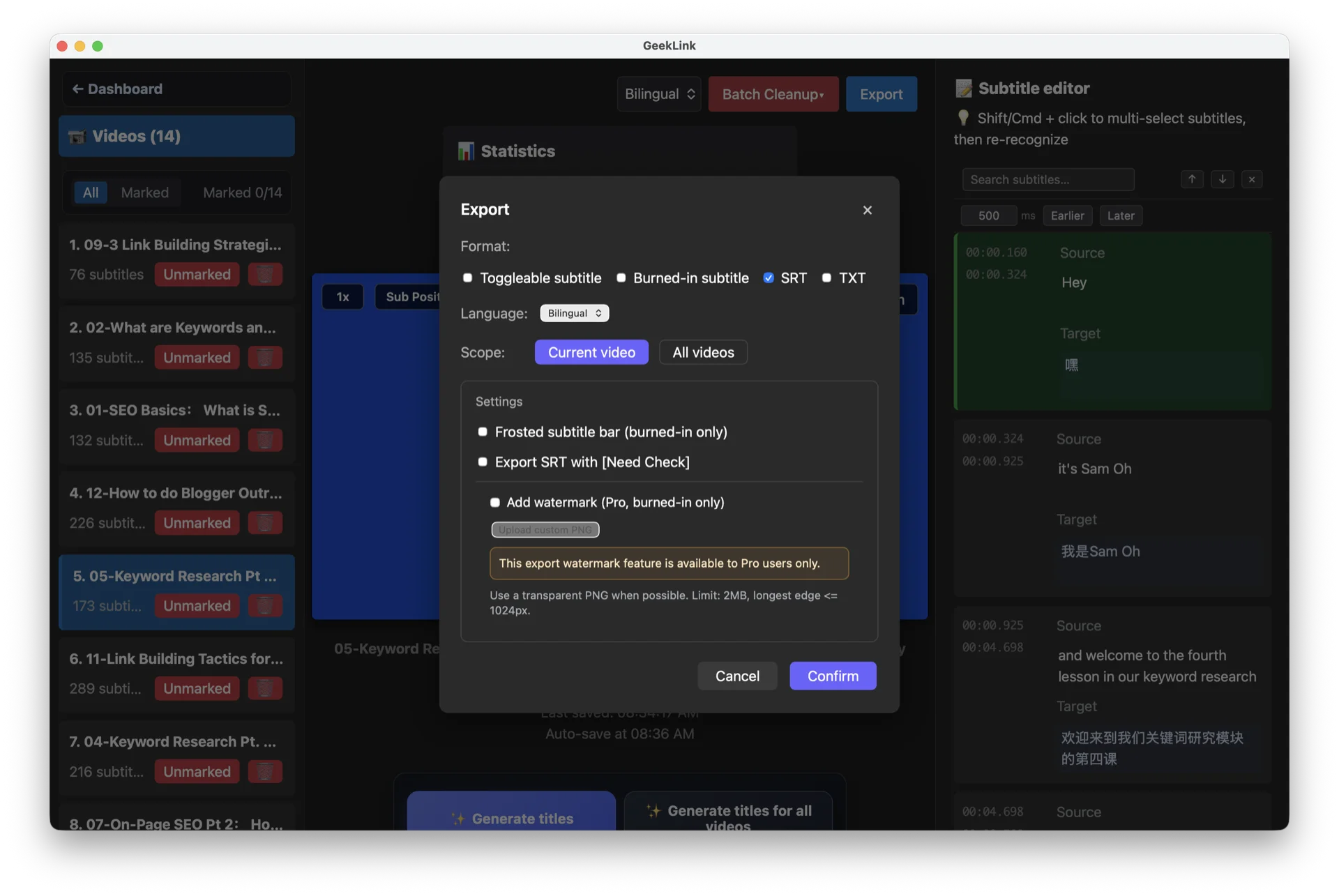 GeekLink AI Subtitle Factory — Subtitle export options