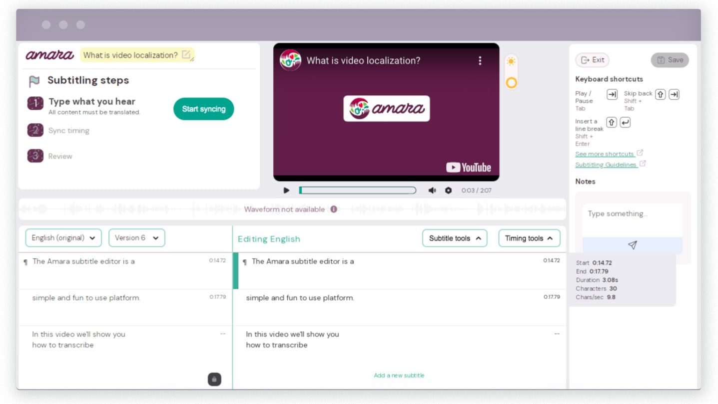 Amara collaborative subtitle editor with community features