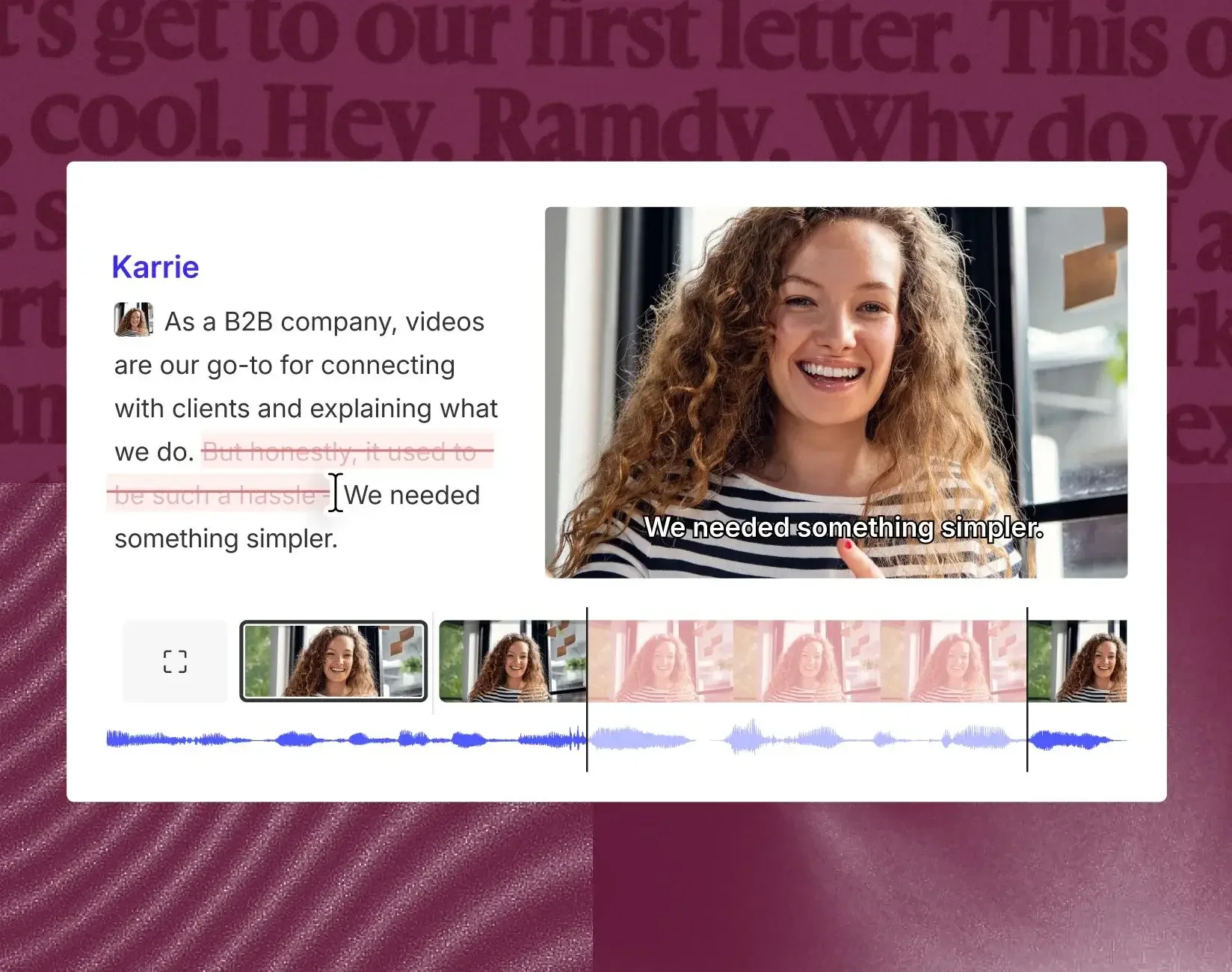 Descript editor showing transcript-based video editing interface