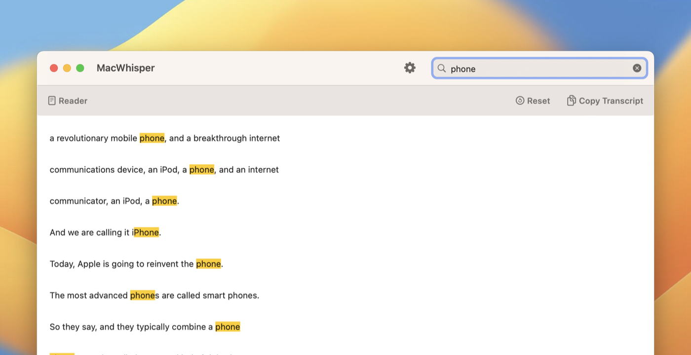 MacWhisper transcription interface showing model selection and transcript output