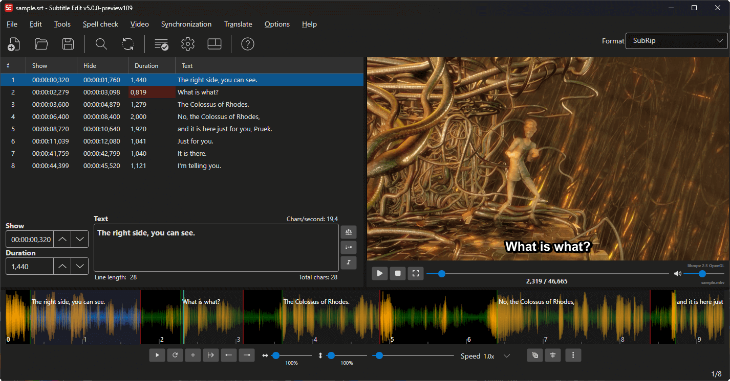 Subtitle Edit interface showing subtitle list and video preview