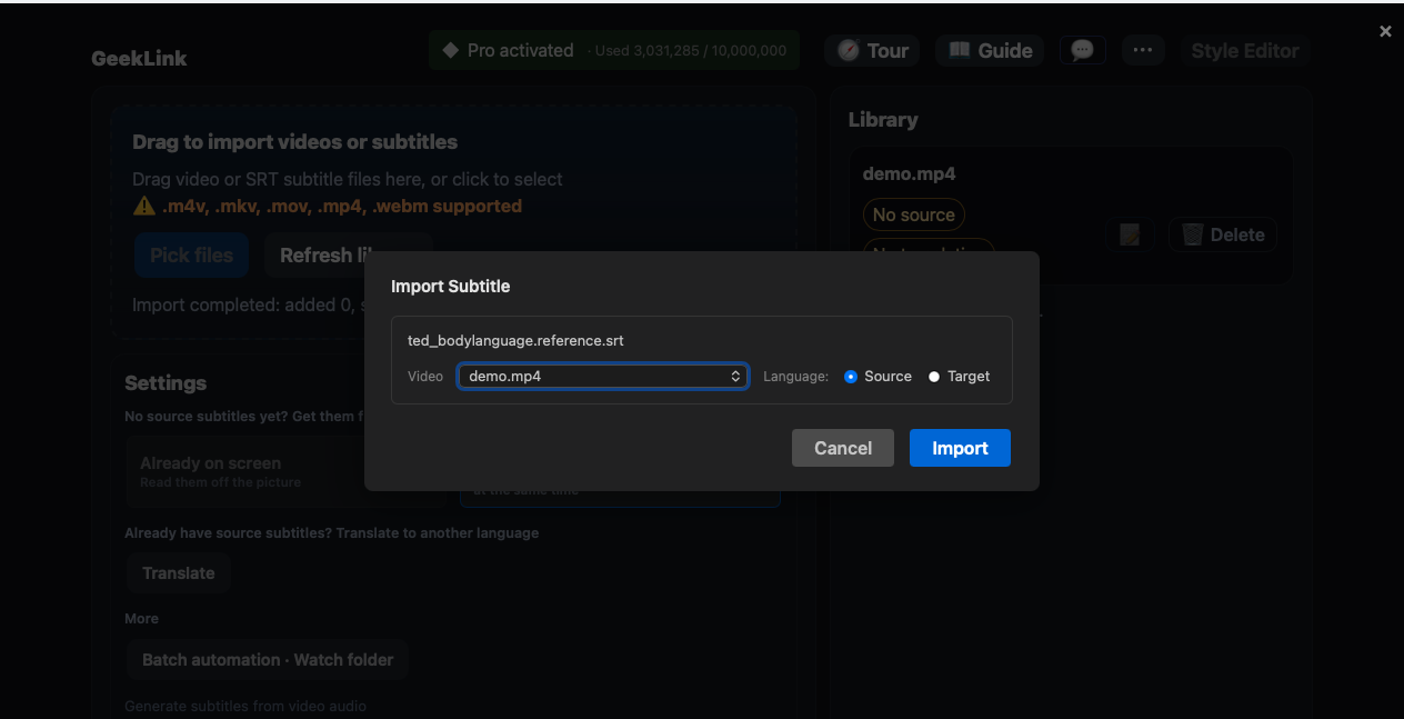 GeekLink's Import Subtitle dialog — assign the dragged .srt file to a video and choose Source or Target language before importing
