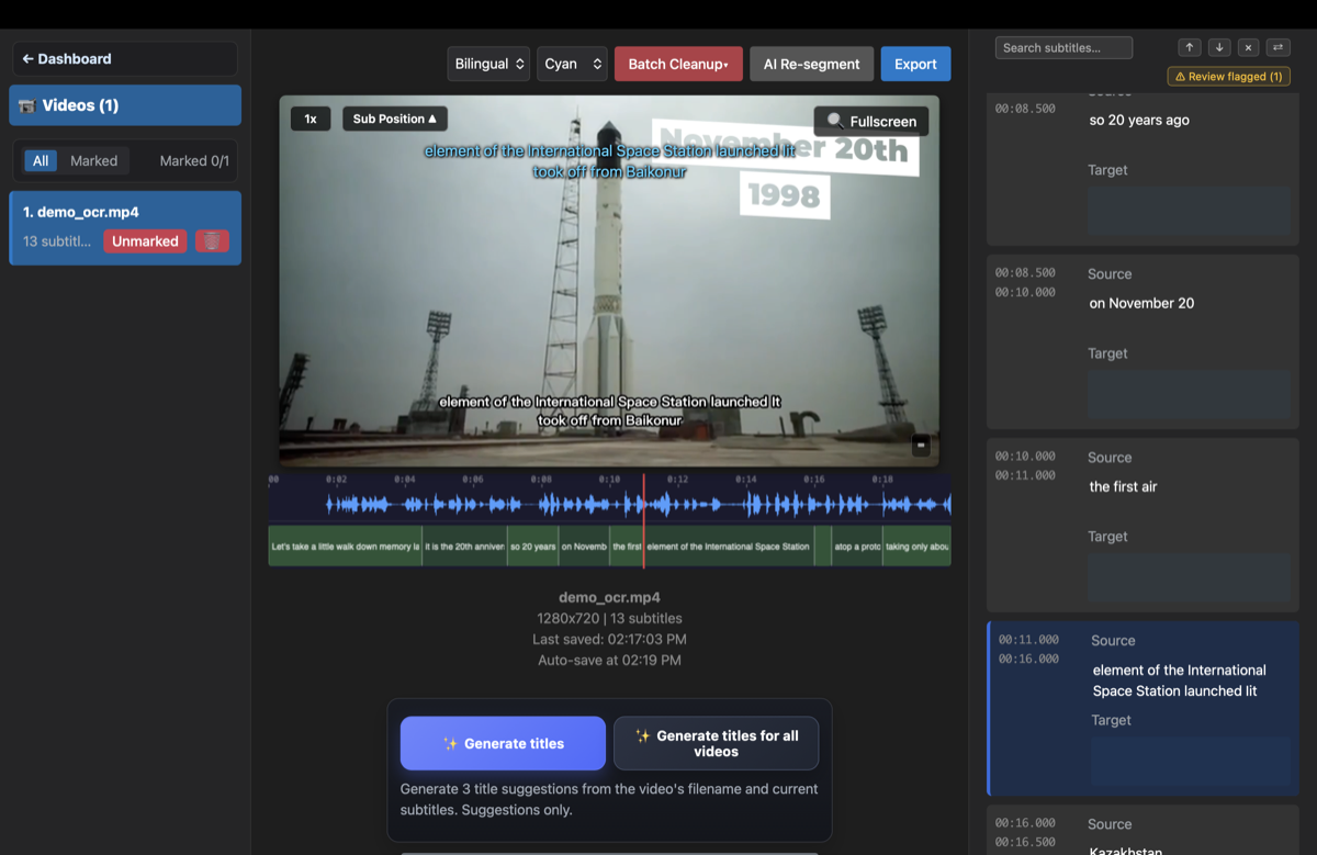 Korean subtitles read off a video into an editable, timestamped list, ready to translate to English