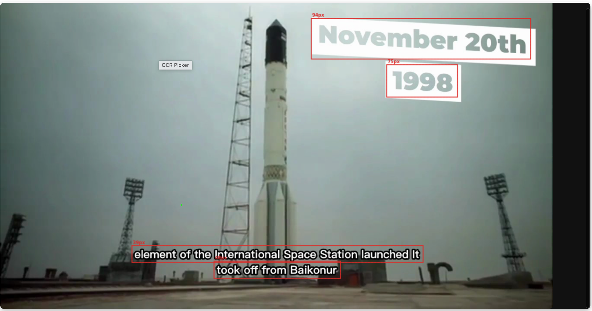 GeekLink erkennt Text unterschiedlicher Größe in einem Nachrichtenframe — eine kleine Untertitelzeile vs. ein großes NASA-Logo — um die OCR nach Größe und Farbe zu filtern