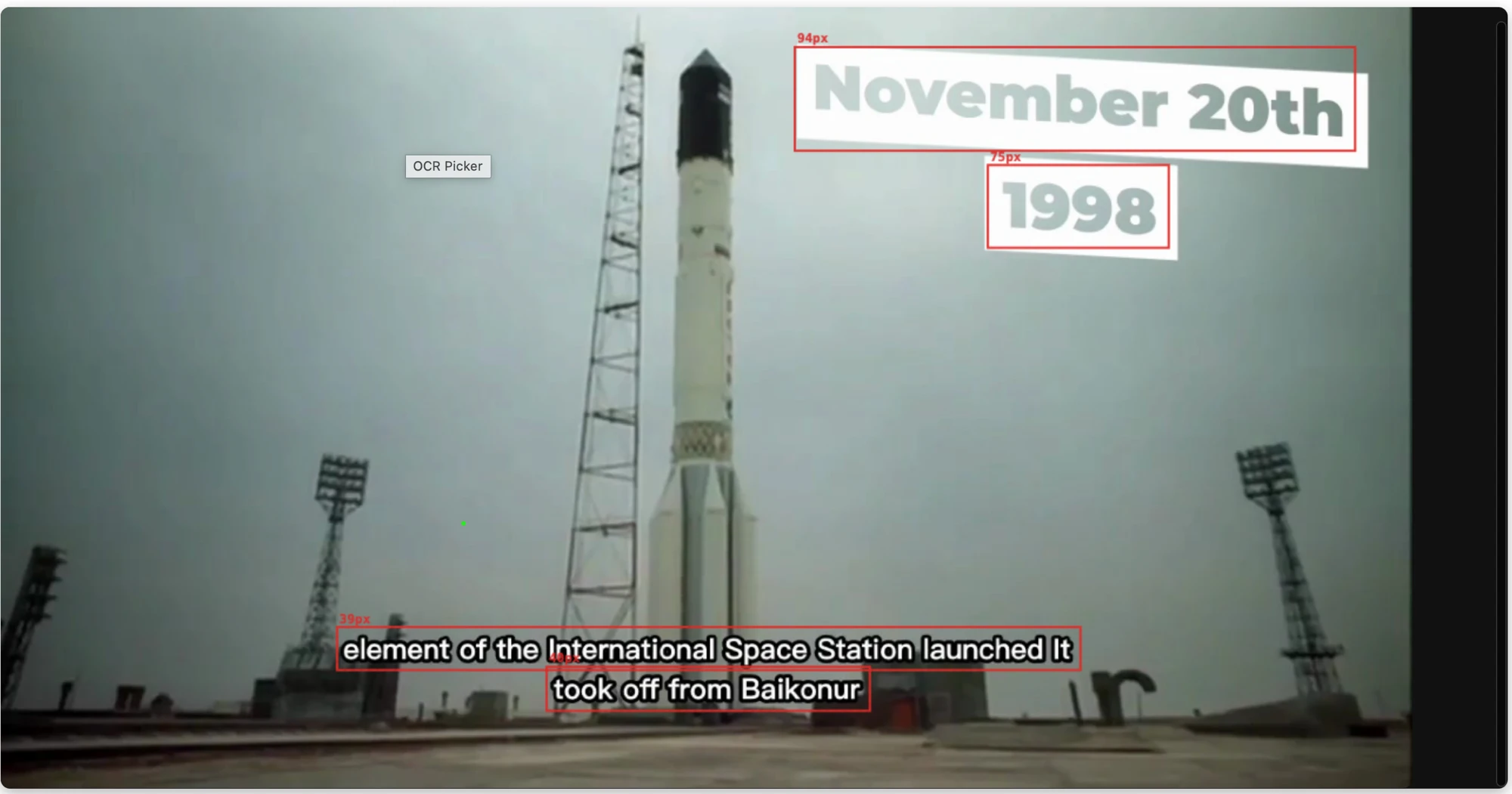 GeekLink rilevamento di testo di diverse dimensioni su un frame di notizie (una piccola riga di sottotitoli rispetto a un grande logo della NASA) per filtrare l'OCR in base a dimensione e colore