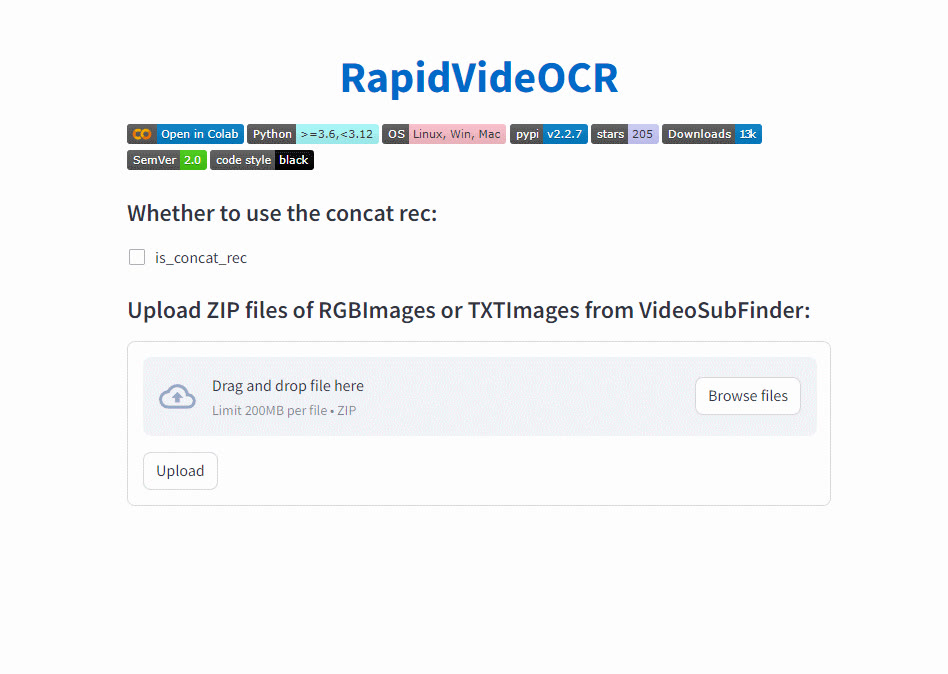 RapidVideOCR online demo asking for a ZIP of RGBImages or TXTImages exported by VideoSubFinder