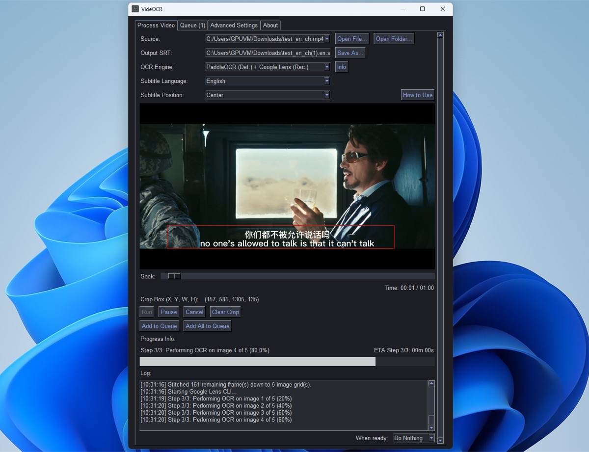 VideOCR Windows GUI with a crop box drawn around bilingual burned-in subtitles, OCR engine set to PaddleOCR detection + Google Lens recognition